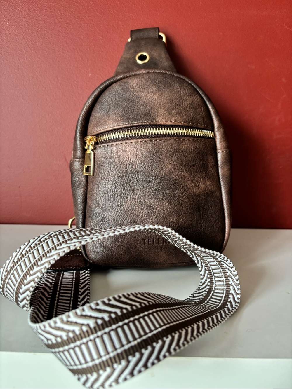TELENA SLING BAG/HOBO Faux Leather BAG w. Webbing Strap & Tear Drop Chest Design